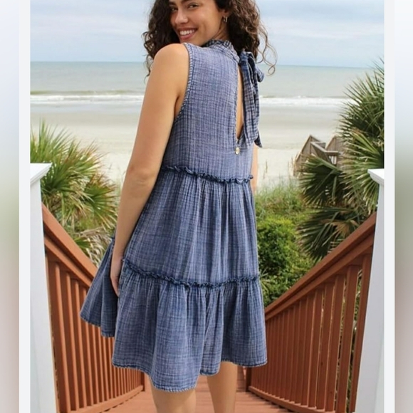 Simply Southern Ctn Gauze Trapeze Tiered Ruffle Collar Tie Back Neck Distressed - Picture 13 of 16